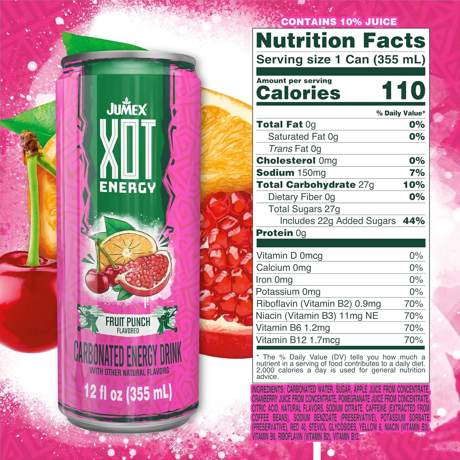 (12 pack) Jumex XOT Fruit Punch Sparkling Energy Drink, 12 fl oz