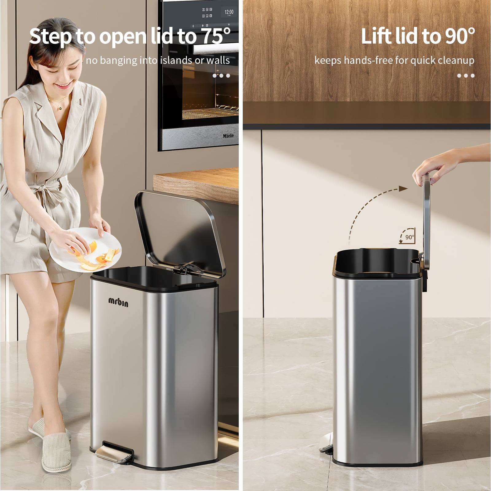Mrbin Stainless Steel Large Kitchen Trash Can 13 Gallon, Commercial Office Garbage Can Step with Lid, 50 Liter Metal Waste Basket for Restroom, Garage, Bathroom