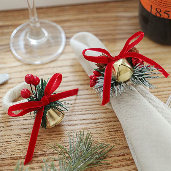 MXTPOV Napkin Rings, Christmas Napkin Rings with Bells Berries Bow, Rustic Fabric Napkin Rings for Dinner Table, Christmas Decorations Napkin Holder for Wedding Home Decor