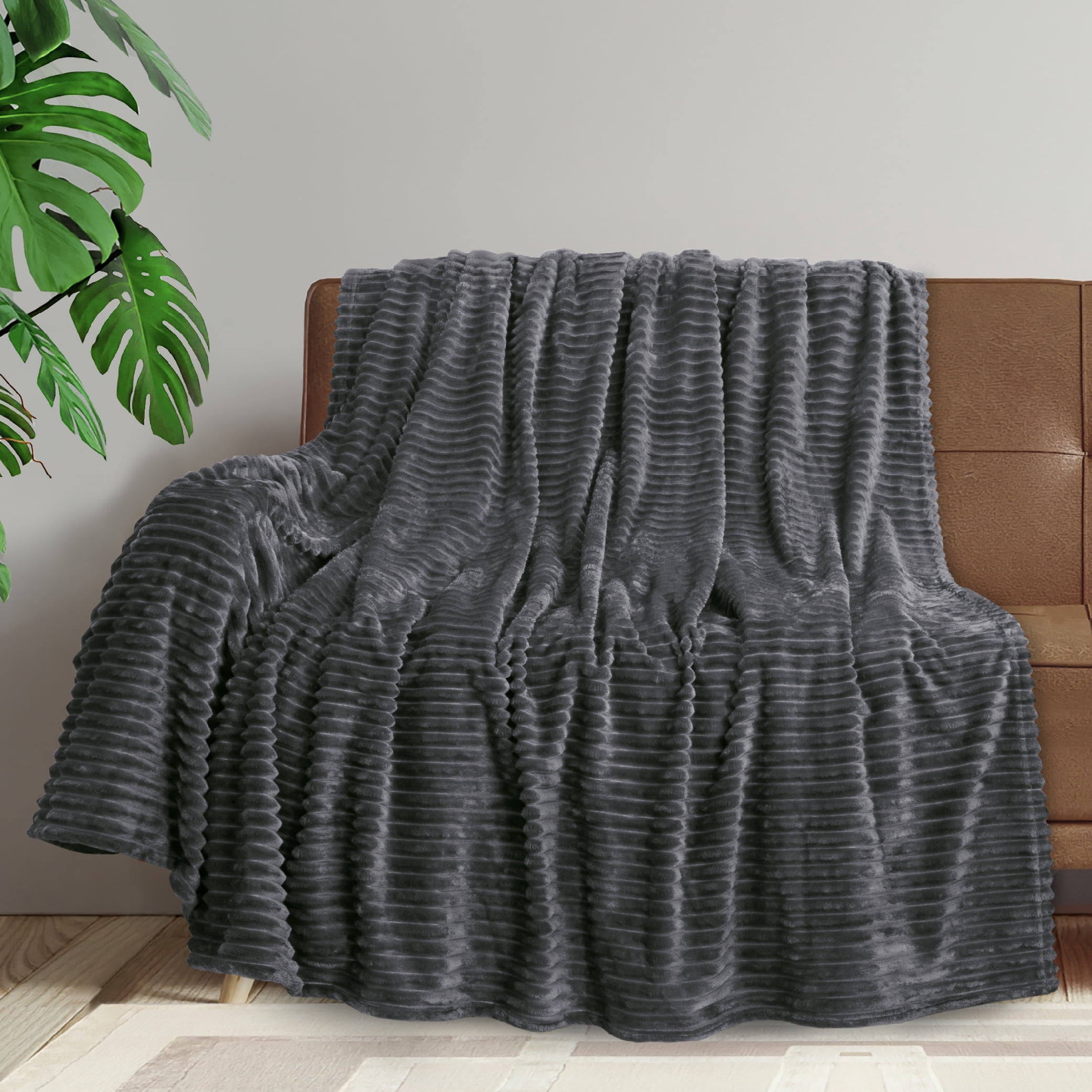 PAVILIA Super Soft Fleece Throw Blanket Twin Grey, Fuzzy Plush Flannel Throw, Warm Cozy Ribbed Microfiber Blanket for Sofa Couch Bed, Lightweight Striped Blanket, Grey, 60x80