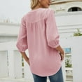 thumbnail image 3 of WBQ Womens Casual Chiffon Blouses 3/4 Sleeve Loose Tops Pompom Henley V Neck Pleated Button Down Shirts, 3 of 4
