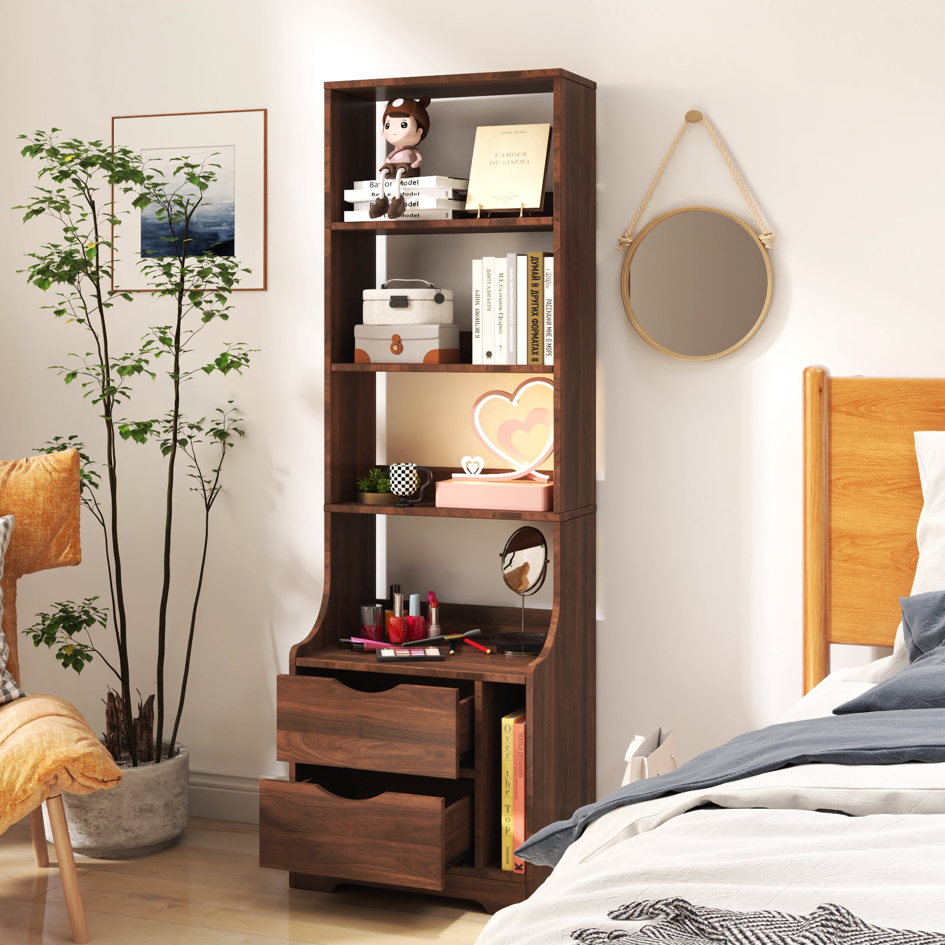 Nightstand, with Integrated Bookshelf and 2 Storage Drawers, Vertical Space-Saving Design for Bedroom and Study, 18.7x13.39x58.11 Inch Walnut