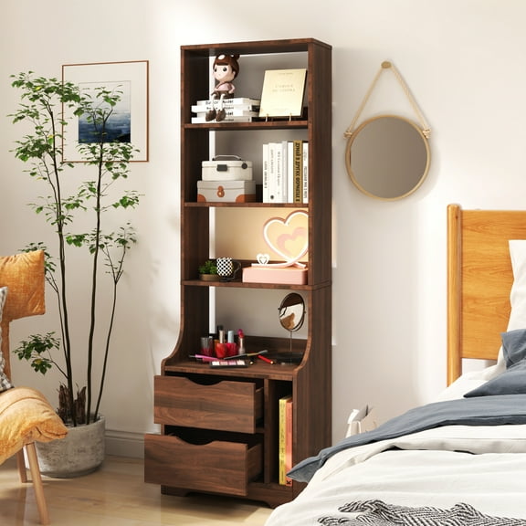 Tall Night Stand with Bookshelf, 2-Drawer Bedside Table with 4-Tier Open Storage, Vertical Space-Saving Cabinet for Bedroom, Walnut Finish