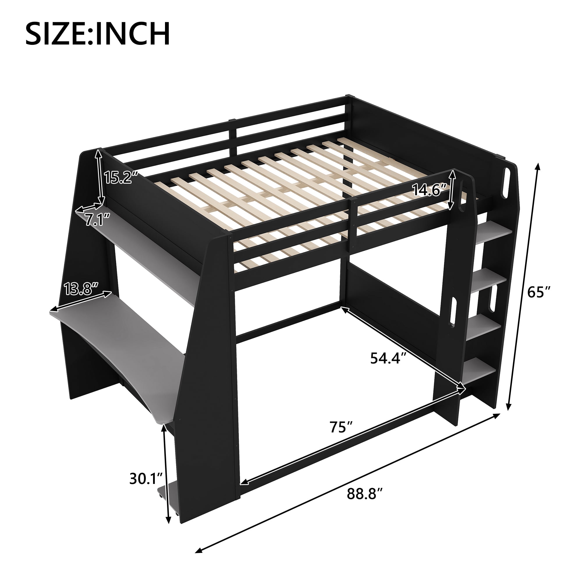 Euroco Wood Full Size Bunk Bed with Desk and Shelves, Gaming Bed with LED Light and USB Charging, Grey