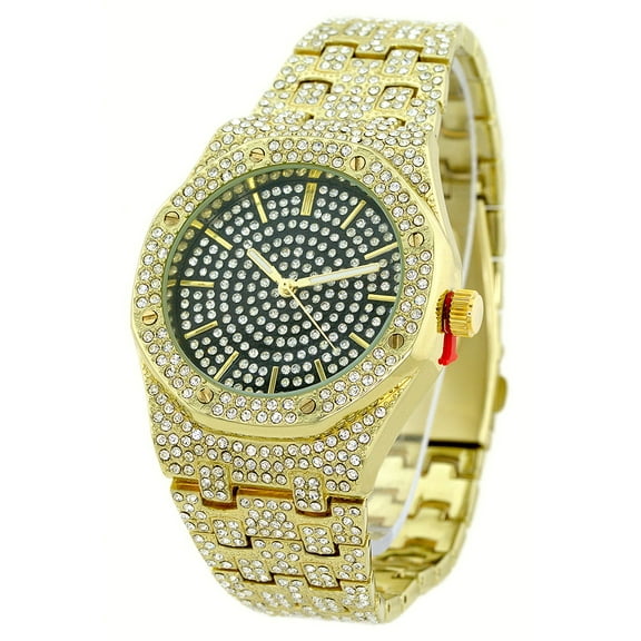 Men's gold tone CZ ice out clubbing watch 42mm 11mm thick case.