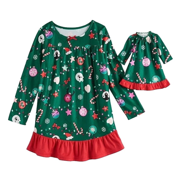 Girl's Christmas Soft Green Ornament Print Nightgown and Doll Gown, Size 7/8