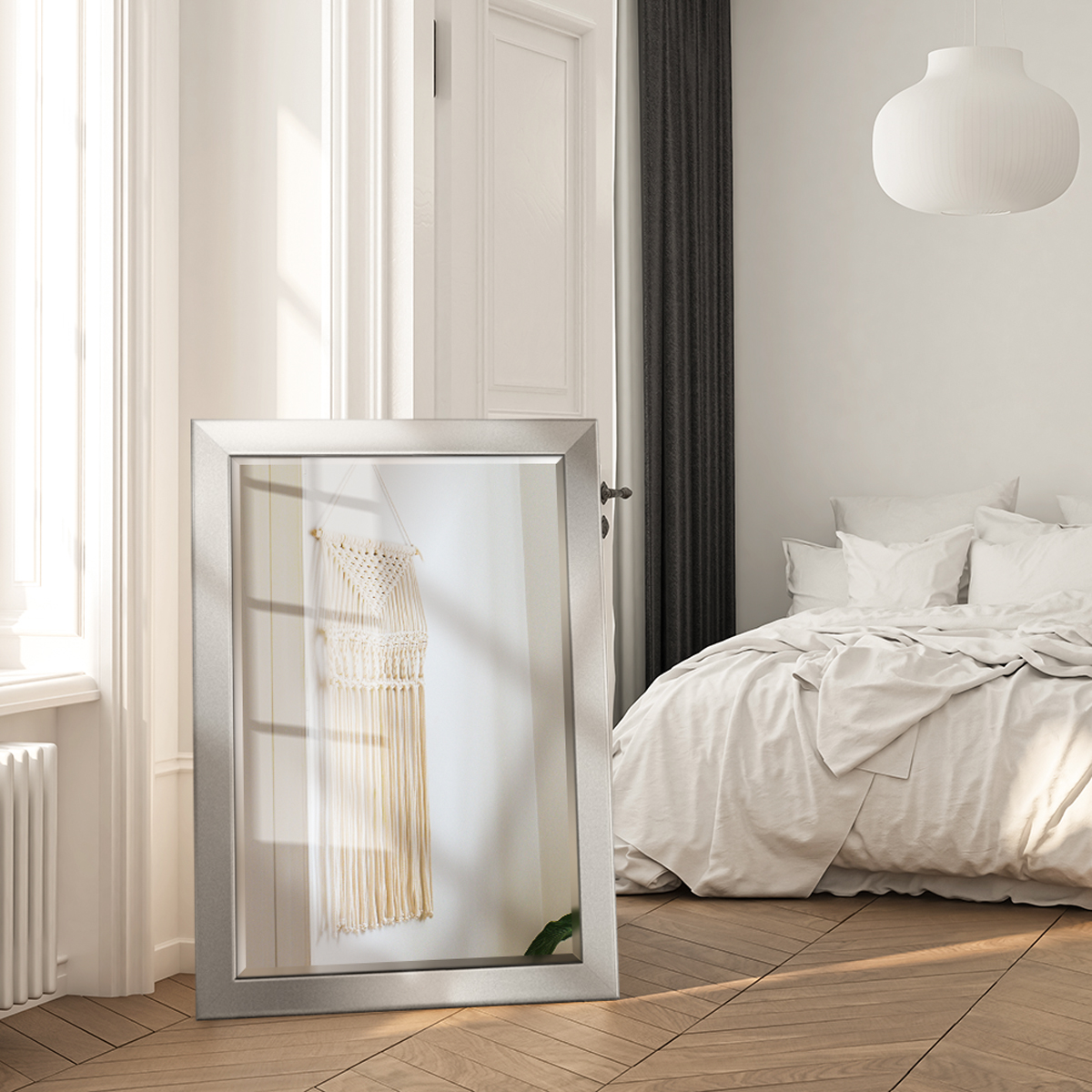 29 in. W x 41 in. H Framed Rectangle Beveled Edge Wood Full Length Mirror in Solid Silver