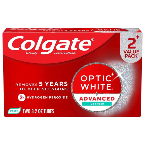 Colgate Optic White Advanced Icy Fresh Toothpaste with 2% Hydrogen Peroxide, Mint, 2 Pack, 3.2 OZ