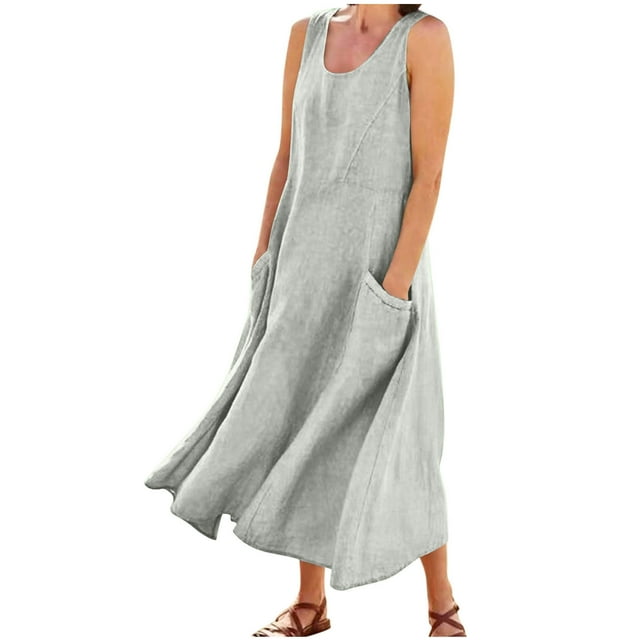 Robes Longues Amples en Lin pour Femmes Grande Taille Sans Manches Fluides Robe Soleil avec Poche Tunique Débardeur Longues Robes pour Dames Gris, 4TG