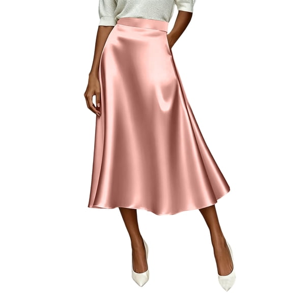 Amkhujs Skirts for Women Mid Length Business Casual Elegant Satin Skirt Trendy High Waist Flowy A Line Skirt,Pink,M