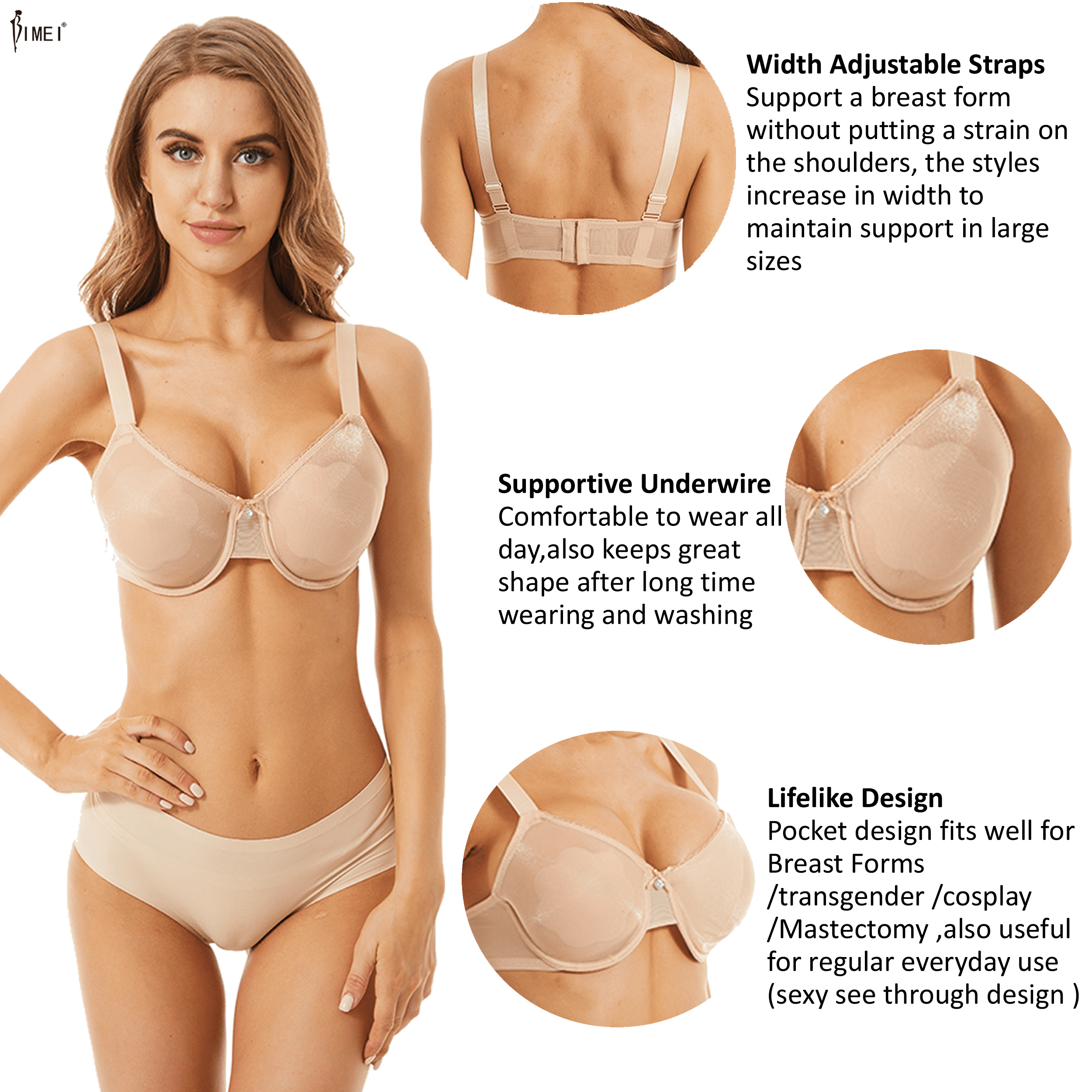 BIMEI See Through Bra CD Mastectomy Lingerie Bra Silicone Breast Forms  Prosthesis Pocket Bra with Steel Ring 9008,Beige,40B 