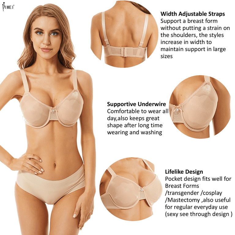BIMEI See Through Bra CD Mastectomy Lingerie Bra Silicone Breast Forms  Prosthesis Pocket Bra with Steel Ring 9008,Beige,36C