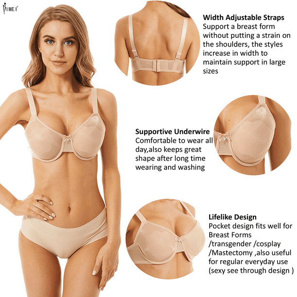 BIMEI See Through Bra CD Mastectomy Lingerie Bra Silicone Breast Forms Prosthesis  Pocket Bra with Steel Ring 9008,Beige,36B 