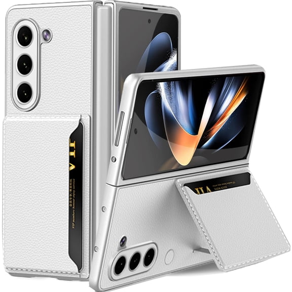Compatible Samsung Galaxy Z Fold 5 Phone Case with Credit Card Holder Kickstand,Shockproof Protective Storage Wallet Card Slot Cover PU Leather Case for Samsung Galaxy Z Fold 5 5G Case Silver