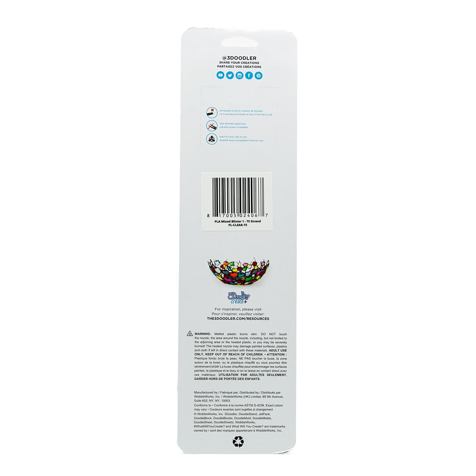 3Doodler Create+ PLA Plastic Refill Kit - Bleu/Clear/Blanc - 75 Pack