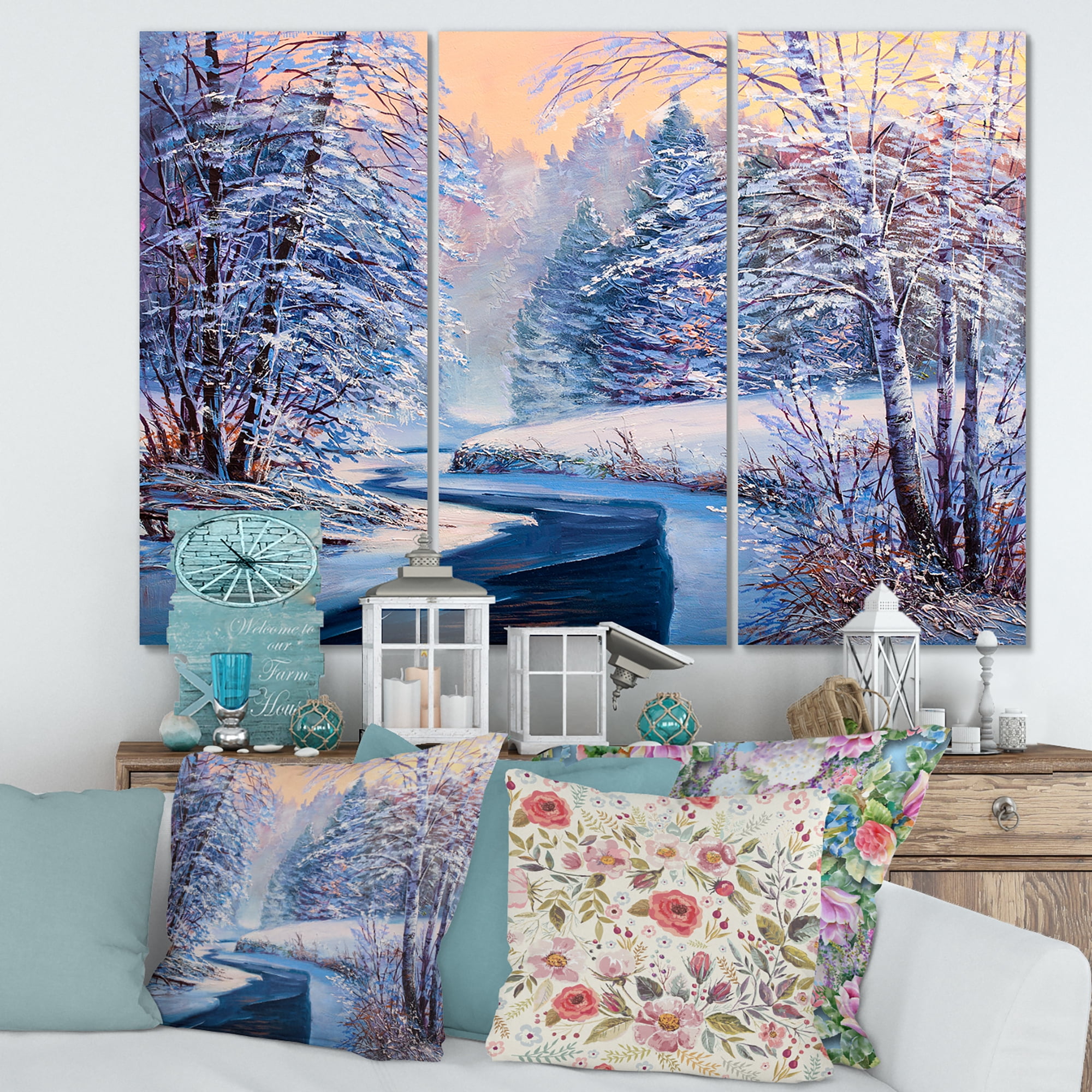 Designart ' Pastel Winter Forest With River ' Lake House Canvas Wall Art Print