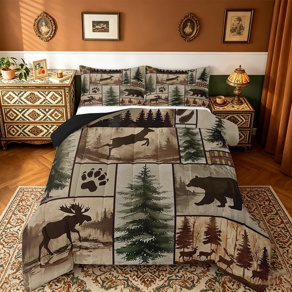 Manfei Western Rustic Bear Queen Comforter Set,Farmhouse Animal Deer Wildlife Hunting Bedding Comforter Set Reversible 3pcs