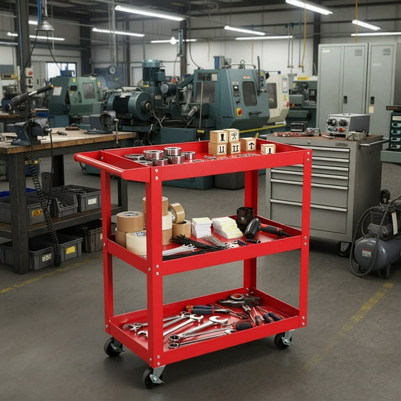 3-Tier Utility Cart, Heavy Duty Steel Push Service Cart with Lockable Wheels, 3 Shelf Tool Cart with Handle for Garage Office Workshop Warehouse Kitchen, Red