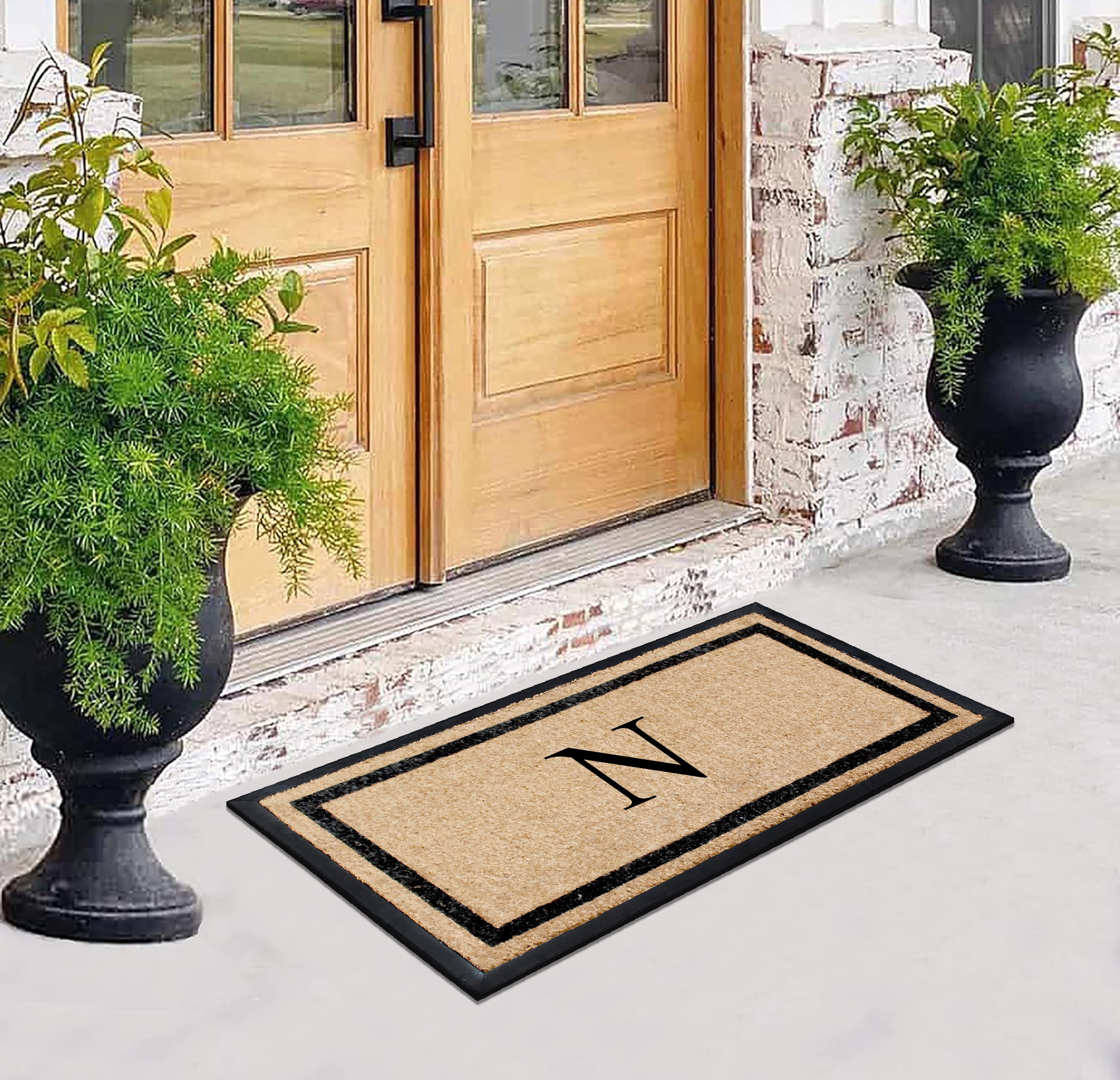 A1HC Rubber and Coir Door Mat Heavy Weight Large Entry Mat Outdoor Durable Monogrammed N Doormat 24"X48", Beige