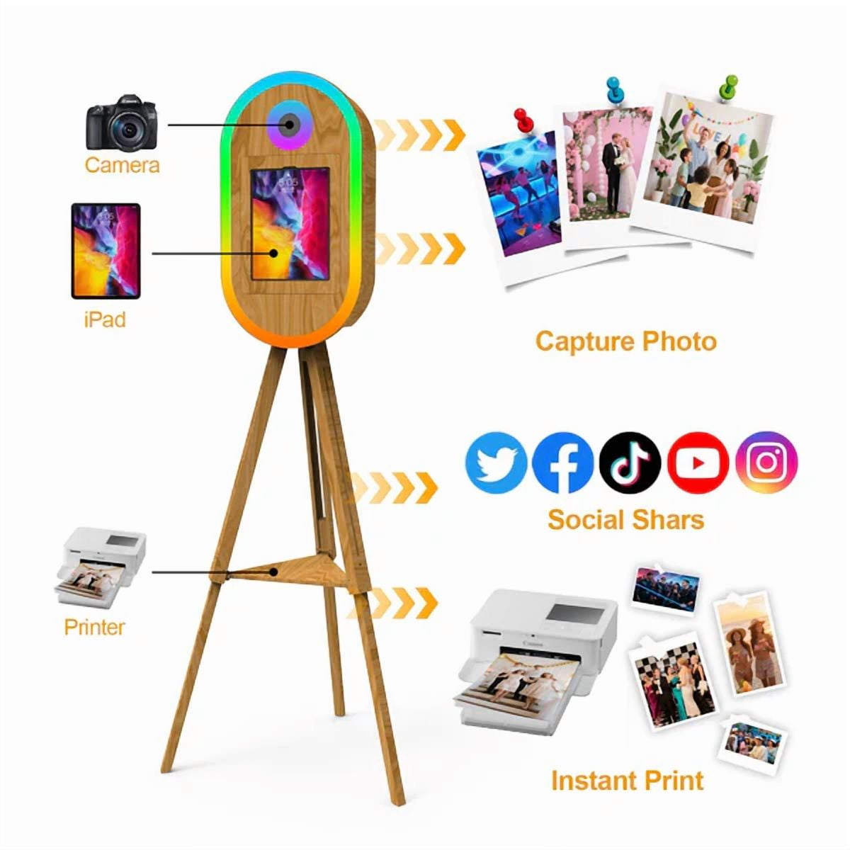 Tripod iPad DSLR Photo Booth Compatible with all Size iPad and DSLR camera Built-in RGB ring light for Parties and Weddings Events & Business