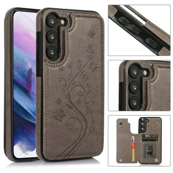 Allytech Galaxy S23 Case Wallet, Flower Embossed Magnetic Closure Shockproof Protective PU Leather Stand Cards Slots Wallet Case for Samsung Galaxy S23 - Gray
