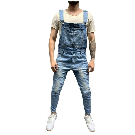 SOOMLON Denim Overalls for Men Overalls Denim Bib Overalls Pocket Beach Pants Button Jeans Overall Jumpsuit Streetwear Overall Suspender Pants Blue XL