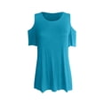 thumbnail image 4 of Wang6 Plus Size Cold Shoulders T Shirts for Women Summer Loose Fit Short Sleeve Tops Causal Crew Neck Solid Tees 0629LiLight Blue XXXL, 4 of 5