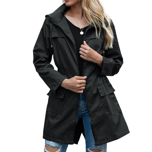 Chaqueta impermeable para mujer, impermeable, transpirable con capucha, ligera, plegable, chaqueta de transición, chaqueta para exteriores con cintura ajustable con cordón
