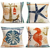 Nautical Theme Farmhouse Decorative Throw Pillow Cover 4 Pcs Anchor Starfish Sand Dollar Sea Horse Ocean Sign Summer Decoration Home Decor Cushion Case for Sofa Couch, 18" x 18" (Coastal)