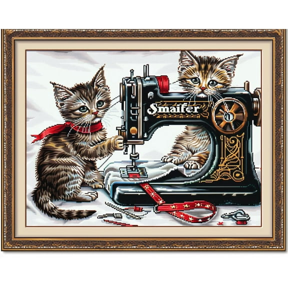 Cat Playing Sewing Machine DIY 11CT Stamped Cross Stitch Kits for Beginners Easy Needlepoint Embroidery Counted Cross Stitch Art Craft for Wall Decoration 12x16inch(1)