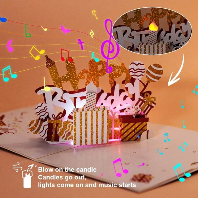 Tarjeta de feliz cumpleaños creativa para marido, niño, esposa, luz y música, 3D, pastel de cumpleaños, vela soplada emergente, tarjeta de felicitación de cumpleaños