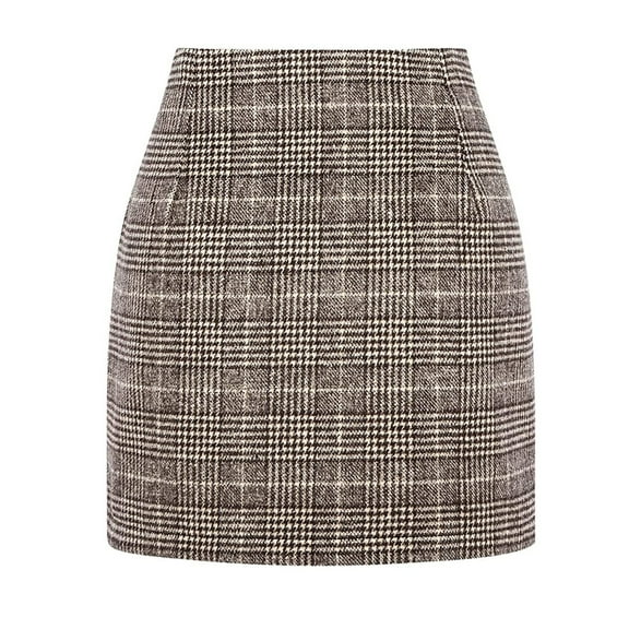 Cyglowse Womens Wool Plaid Mini Skirt Fall Winter High Waisted Bodycon Pencil Skirt Coffee M