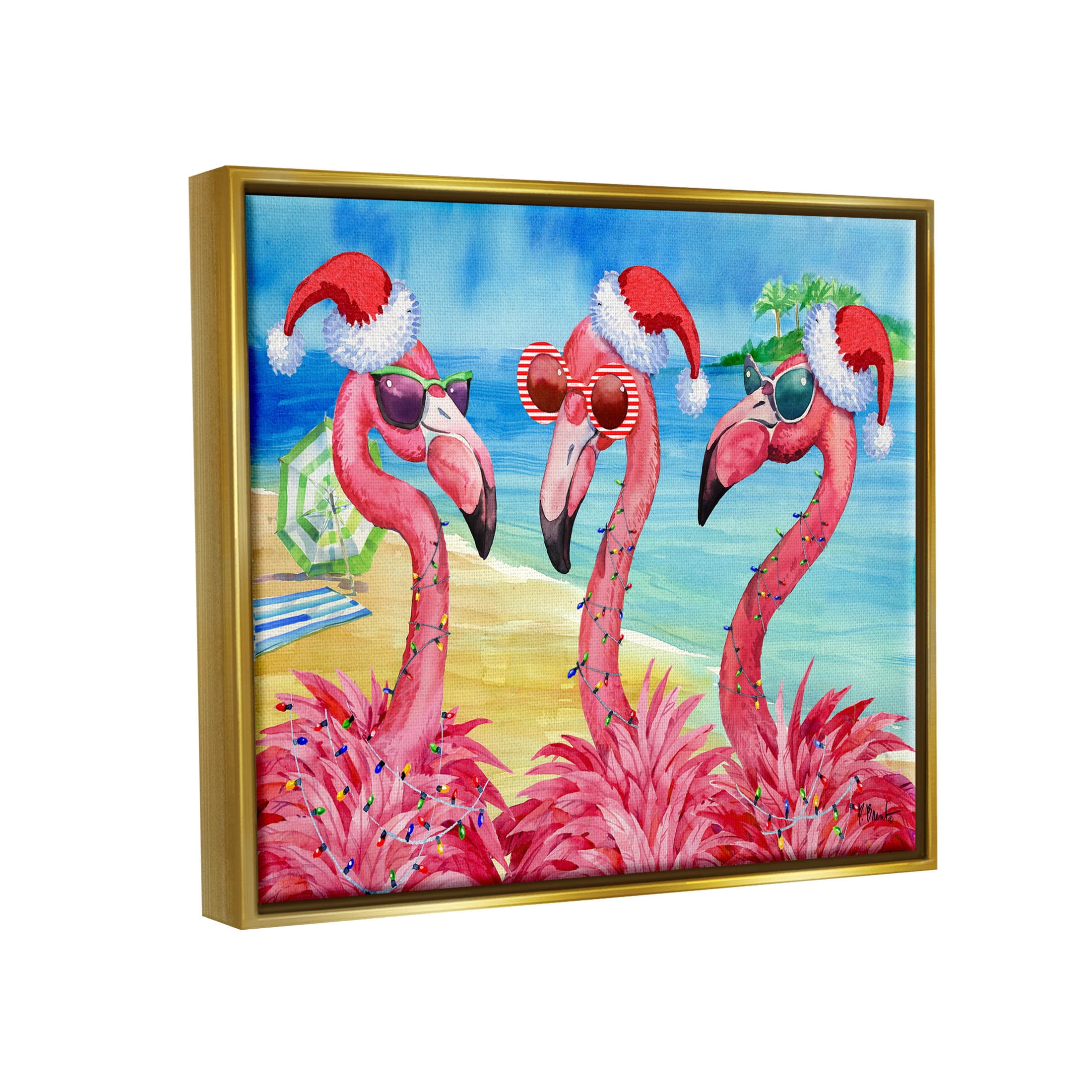 Stupell Industries Holiday Lights Flamingos Beach Graphic Art Metallic Gold Floating Framed Canvas Print Wall Art, Design by Paul Brent