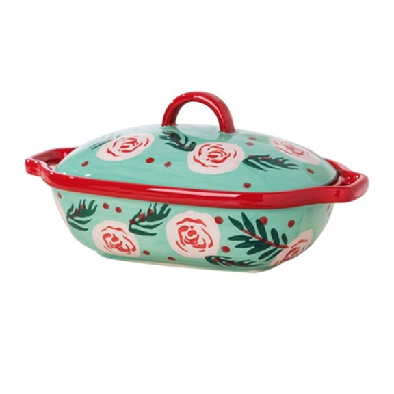 Colorful Floral Double-Handled Ceramic Baking Pan Rectangular Household Tableware with Lid