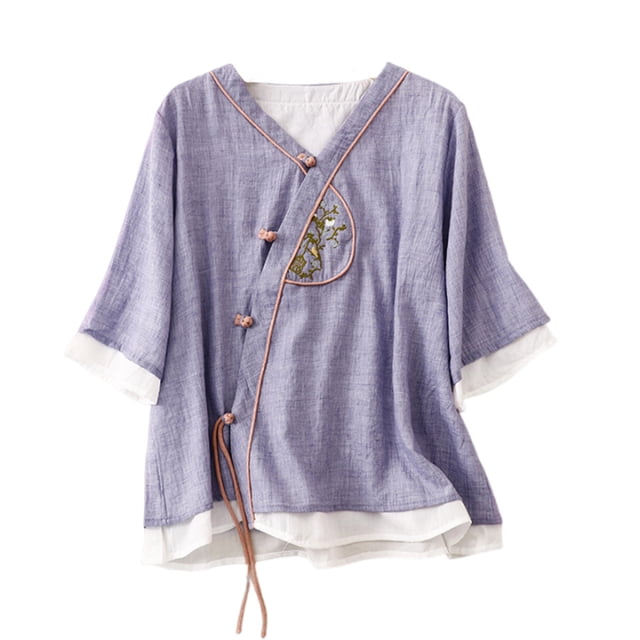Birdeem Womens V-Neck Button Printed Loose Shirt with Three Quarter Sleeves Top