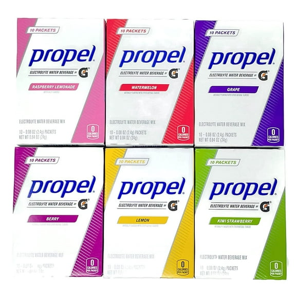 Propel Powder Packets Drink Mix Singles Variety of 6 Lemon, Grape, Berry, Raspberry Lemonade, Kiwi Strawberry & Watermelon
