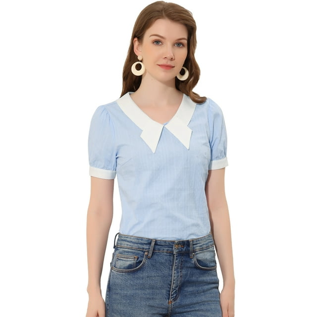 INSPIRE CHIC Blouse à Manches Courtes Texturée Contrastée avec Nœud pour Femmes Bleu Clair P
