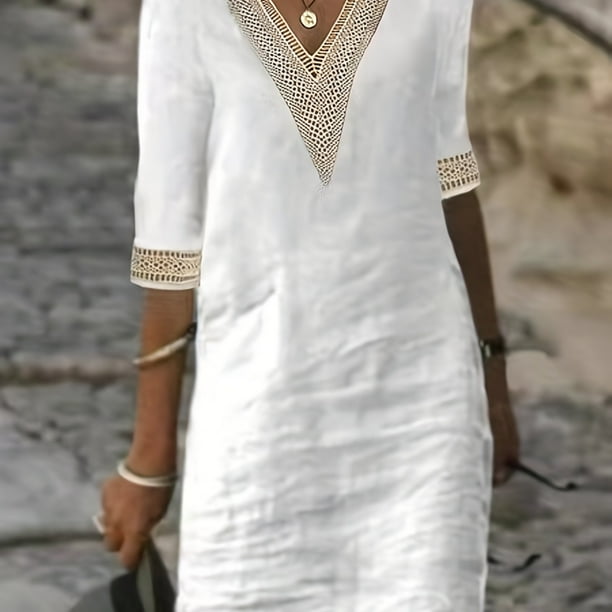 Vestido Con Cuello En V De Encaje De Guipur Sólido, Vestido Elegante Con Ribete En Contraste Para Primavera Y Verano, Ropa De Mujer