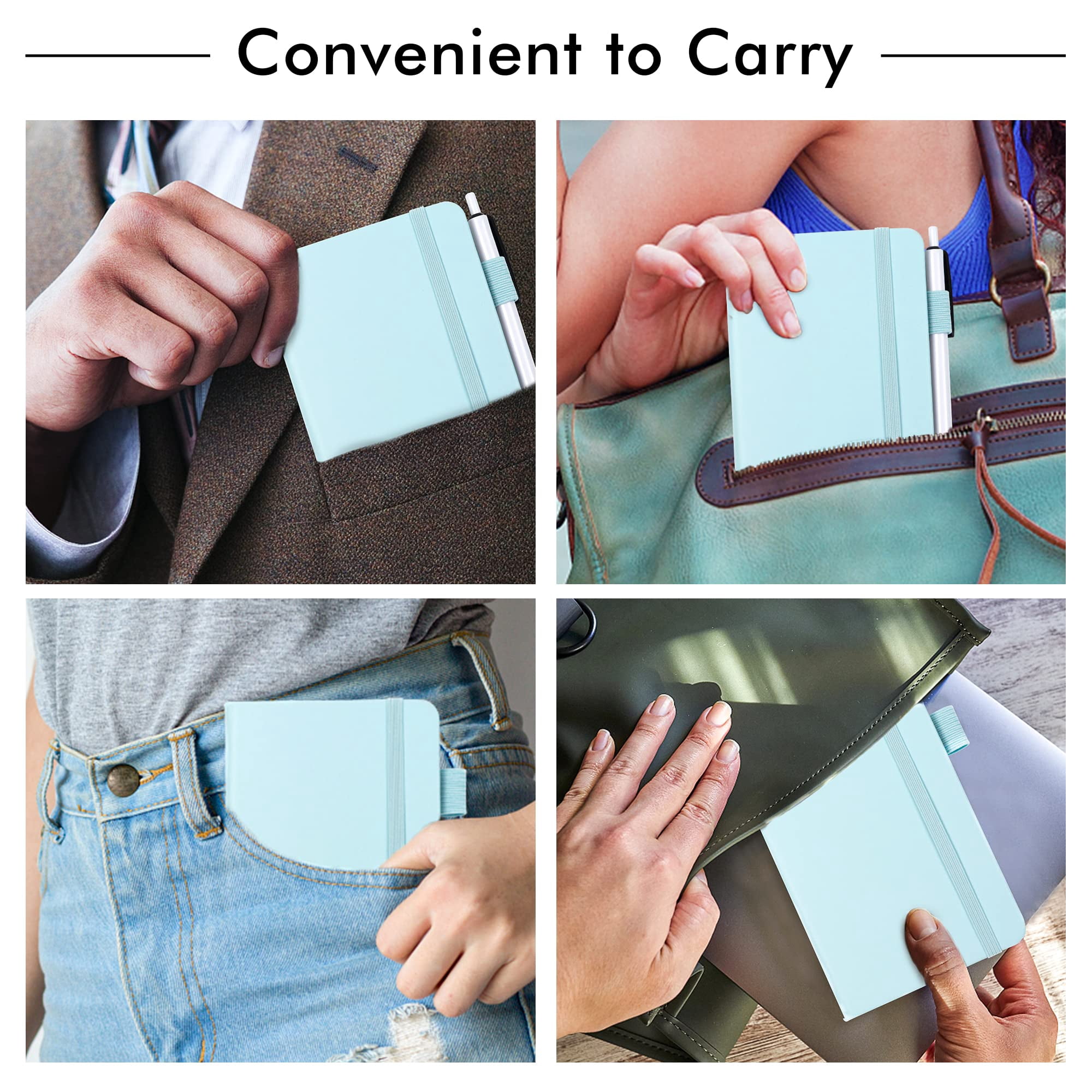 3 Pack Pocket Small Notebook Journals  Mini Cute Memo Notepad Hardcover College Ruled Lined With Pen Holder For Women Office School 3 Black Pens 3.5"x 5.5" A6 Sky Blue