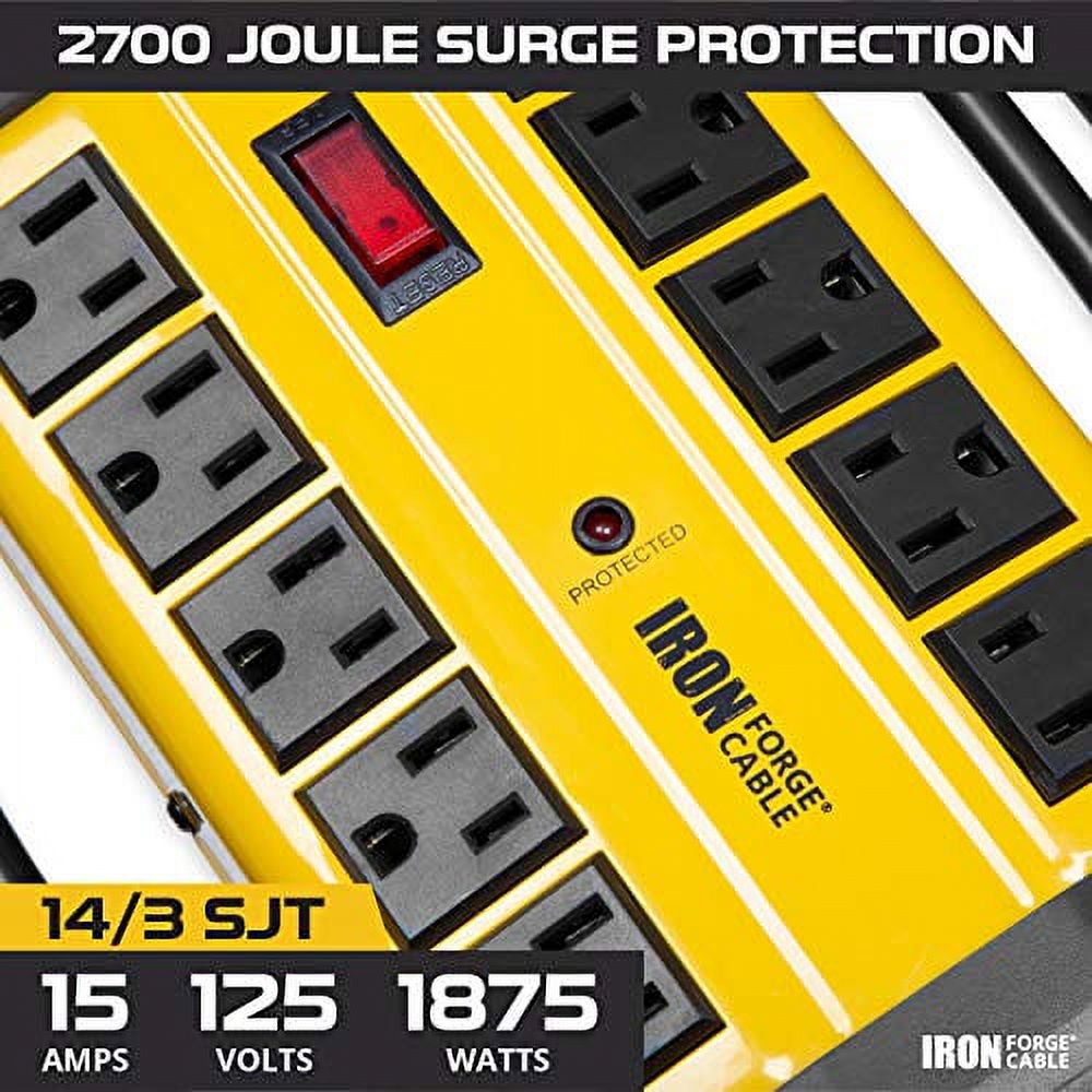 Iron Forge Cable 10 Outlet Heavy Duty Surge Protector Power Strip with Built-in Circuit Breaker, 14/3 SJT Black & Yellow with 15 ft Extension Cord