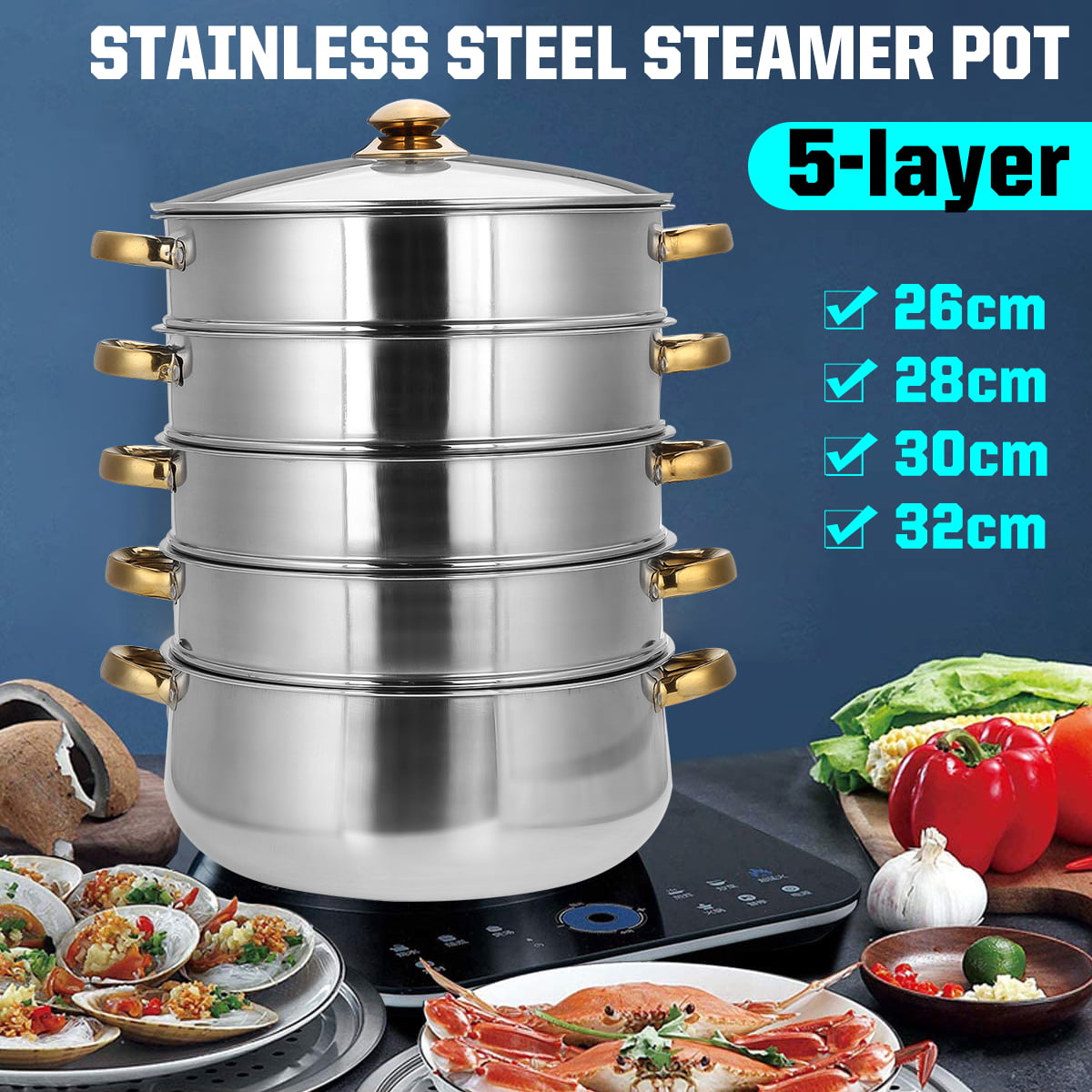 4/5-Tier 32CM Stainless Steel Steamer Cooker Meat Vegetable Cooking Stea 