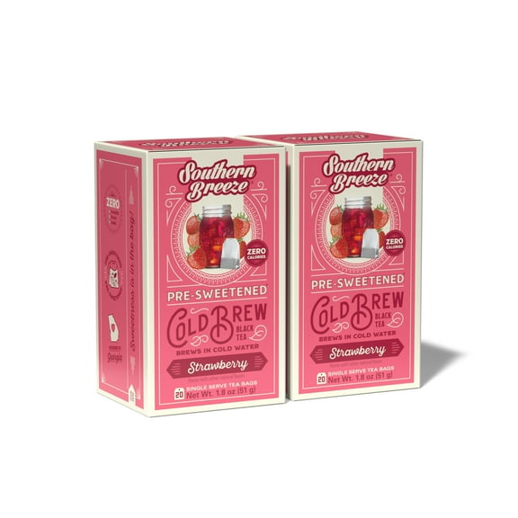 Southern Breeze Cold Brew Sweet Tea Strawberry Iced Tea with Black Tea and Zero Carbs Zero Sugar, 20 Individually Wrapped Tea Bags (Pack of 2) Southern Sweet Tea Iced Tea Beverage