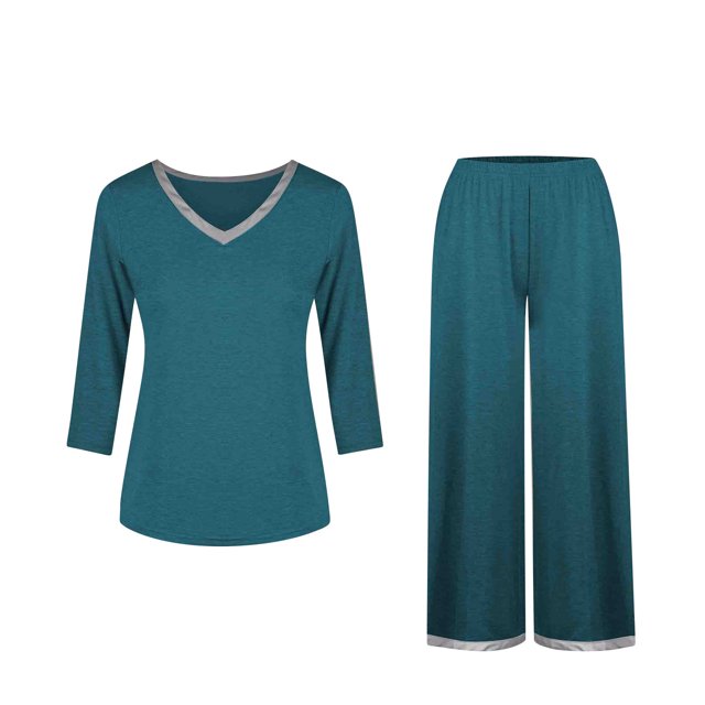 Timegard Ensembles d'Automne pour Femmes Pyjamas Tenues Manches Longues Col en V Tunique à Blocs de Couleur Pantalons Larges Tenues
