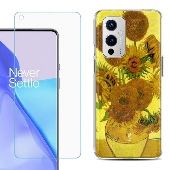 Slim-Fit TPU Phone Case Compatible with OnePlus 9 5G, with Tempered Glass Screen Protector, by OneToughShield ® - Sunflower