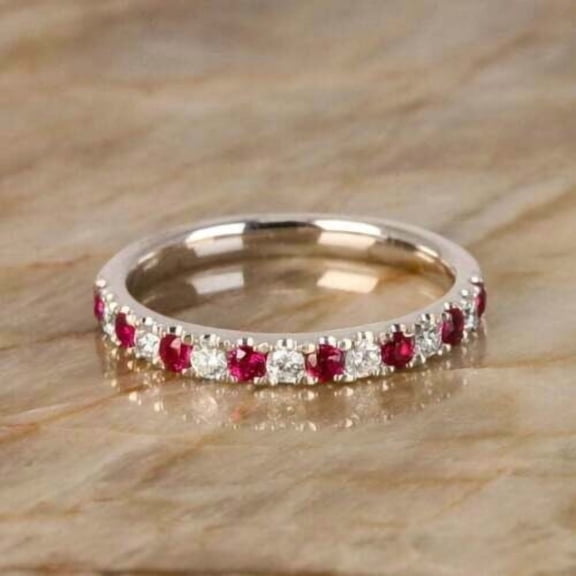 1.50Ct Round Lab-Created Ruby Half Eternity Wedding Band Ring 14k White Gold Finish
