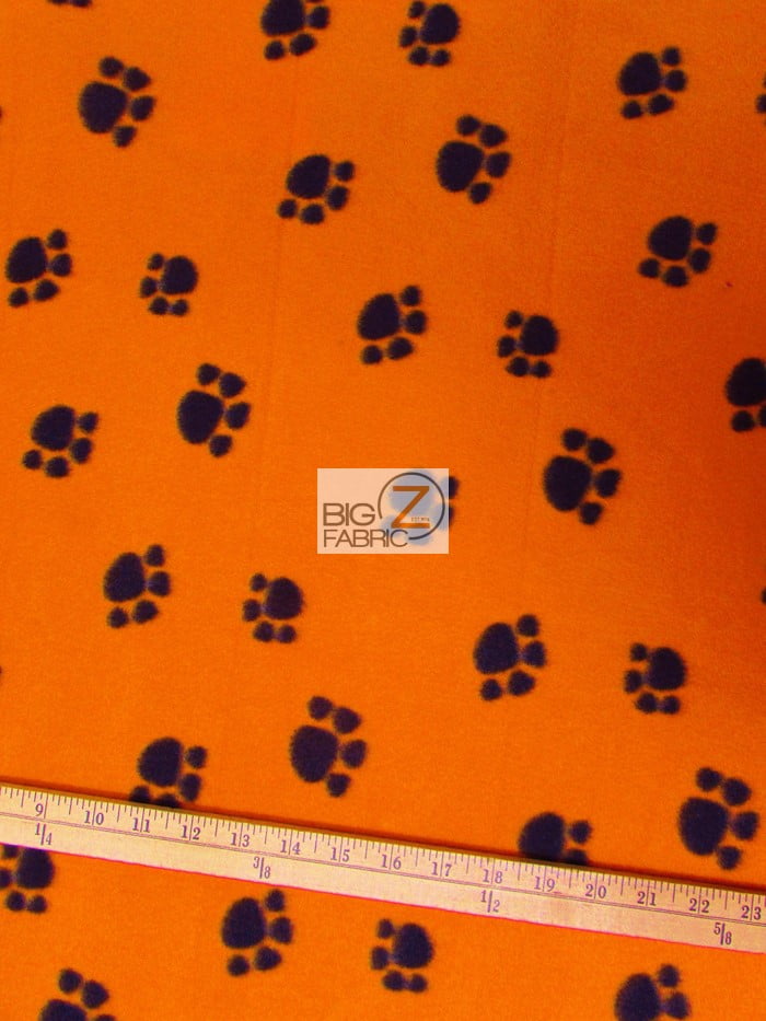 Fleece Printed Fabric Animal Paw / Orange/Black Paws / Sold By The Yard