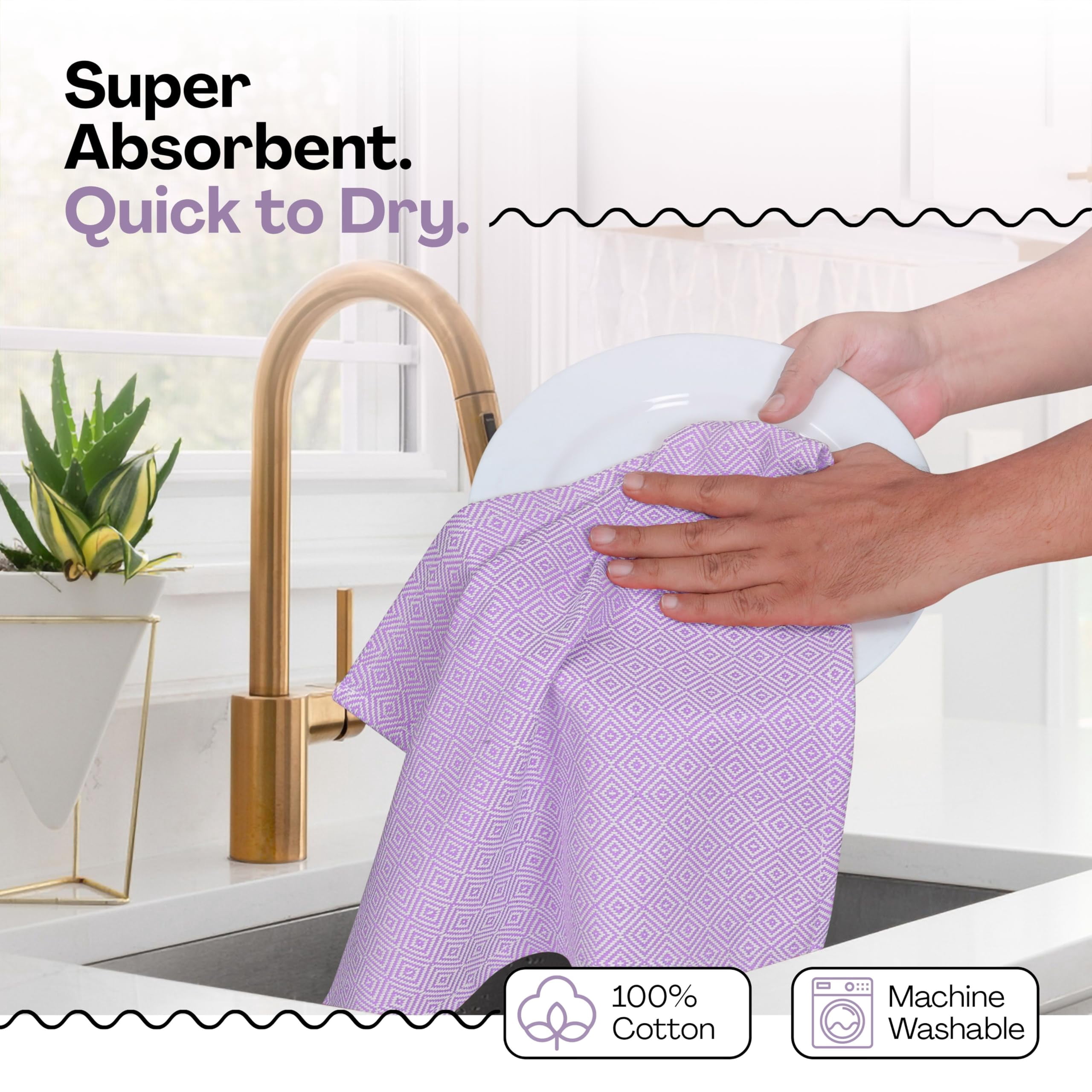 HEIRLOOM COMFORT Multi Color Kitchen Towels 12 Pack, 100% Cotton, Diamond Weave Towel Set, 16"x26", Super Absorbent & Durable Dishcloths, Quick Drying for Drying Dishes - Beige, Dark Pink, Lavender