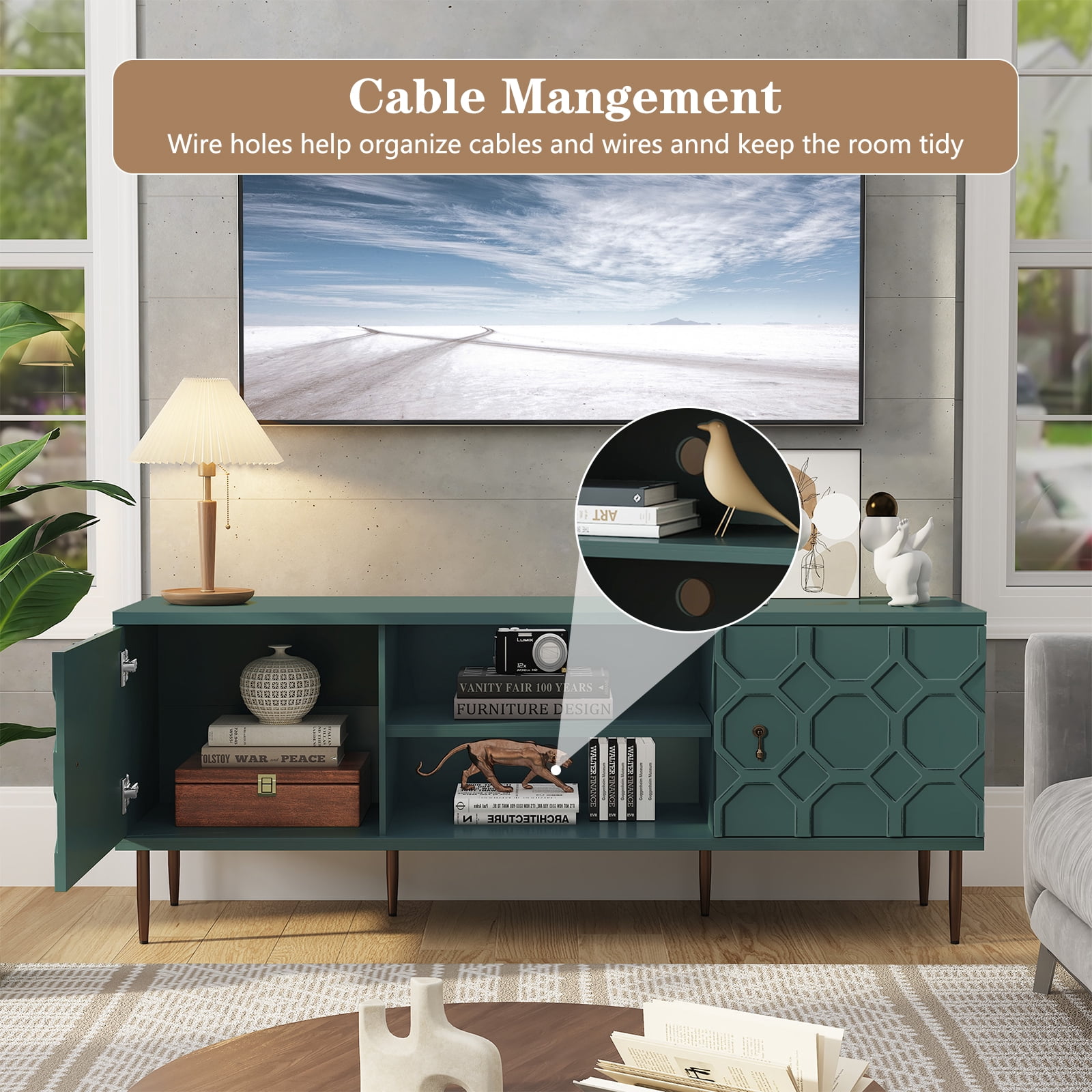 HLR 63" TV Stand, for TVs up to 75", Mid-Century Wood Entertainment Center for Living Room, Green
