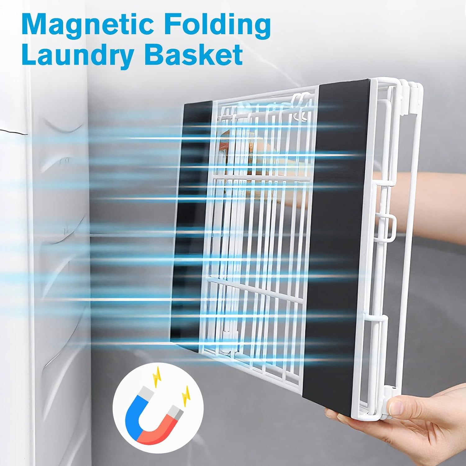 Magnetic Collapsible Laundry Basket, Foldable Metal Pop-Up Hamper for Washing Machine Side, White