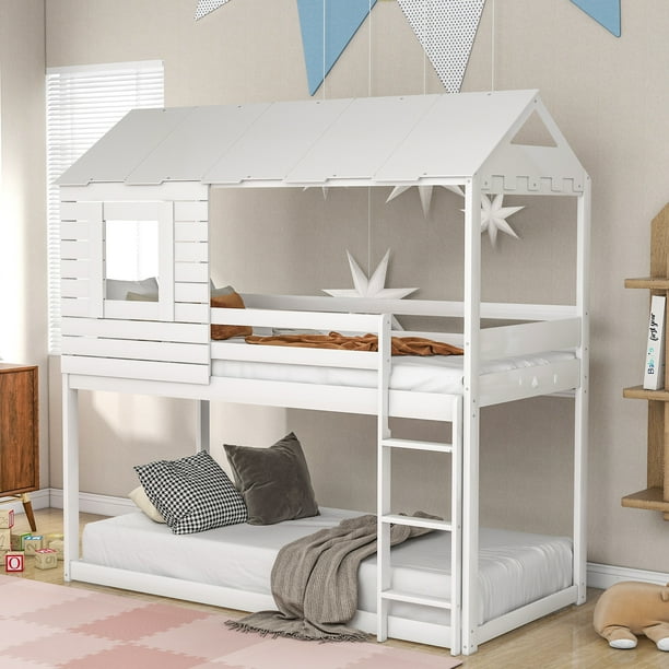 Twin Over Twin Bunk Bed Wood Loft Bed with Roof, Window, Guardrail